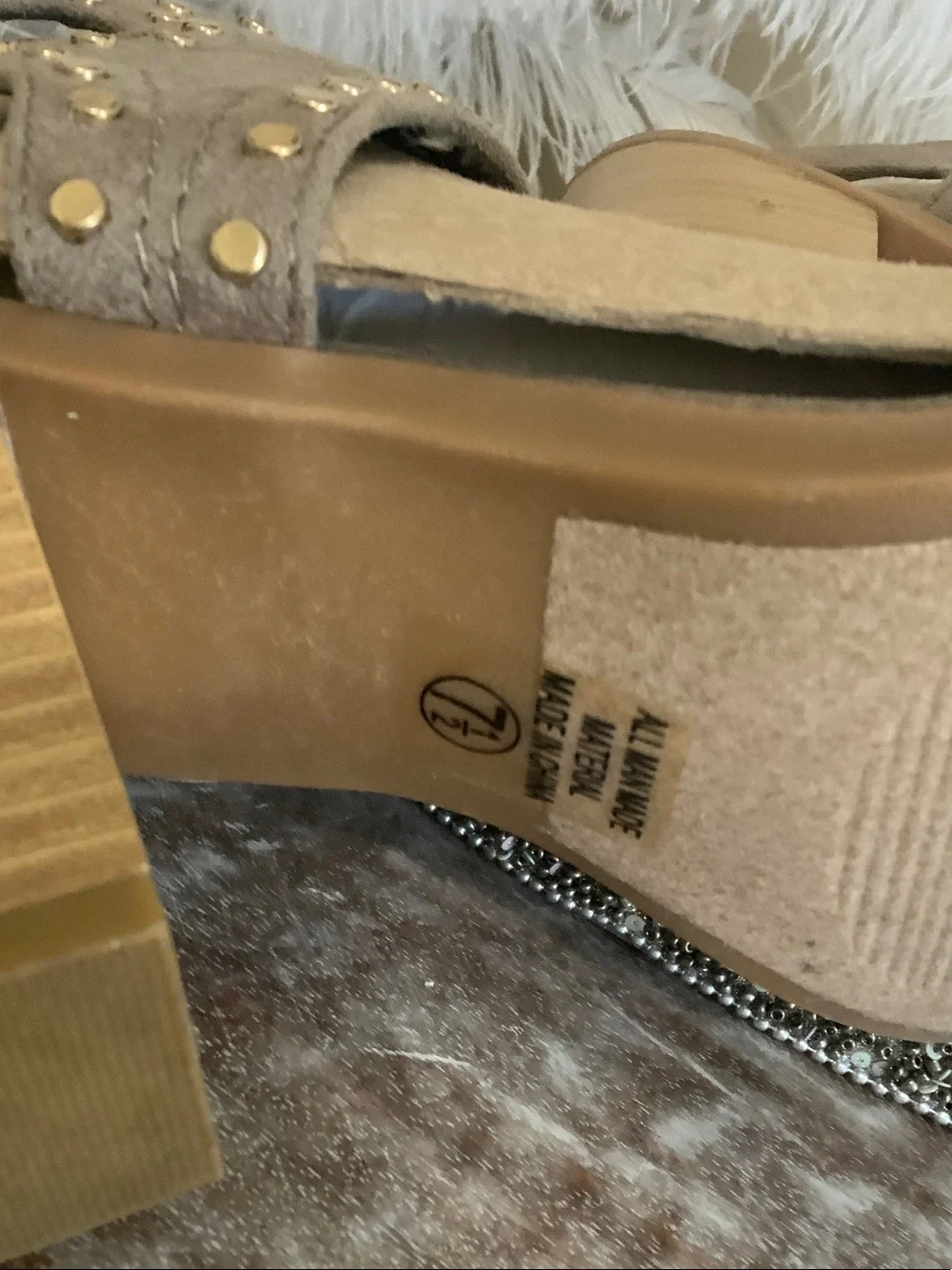 Soda Taupe Suede Studded Block Heel Sandals
